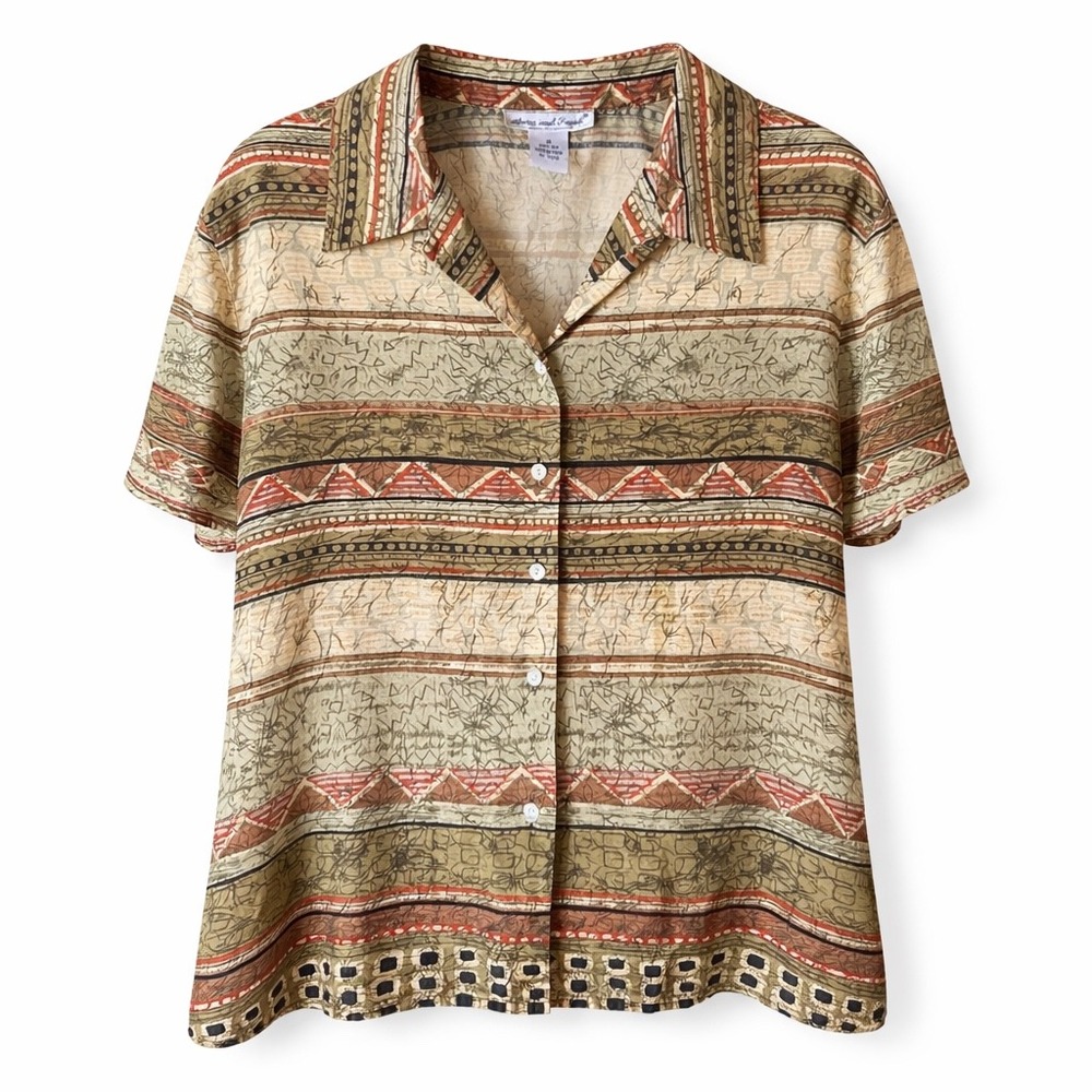 Vintage Anna and Frank Vintage 100% Silk Abstract Tribal Print Button Down Shirt